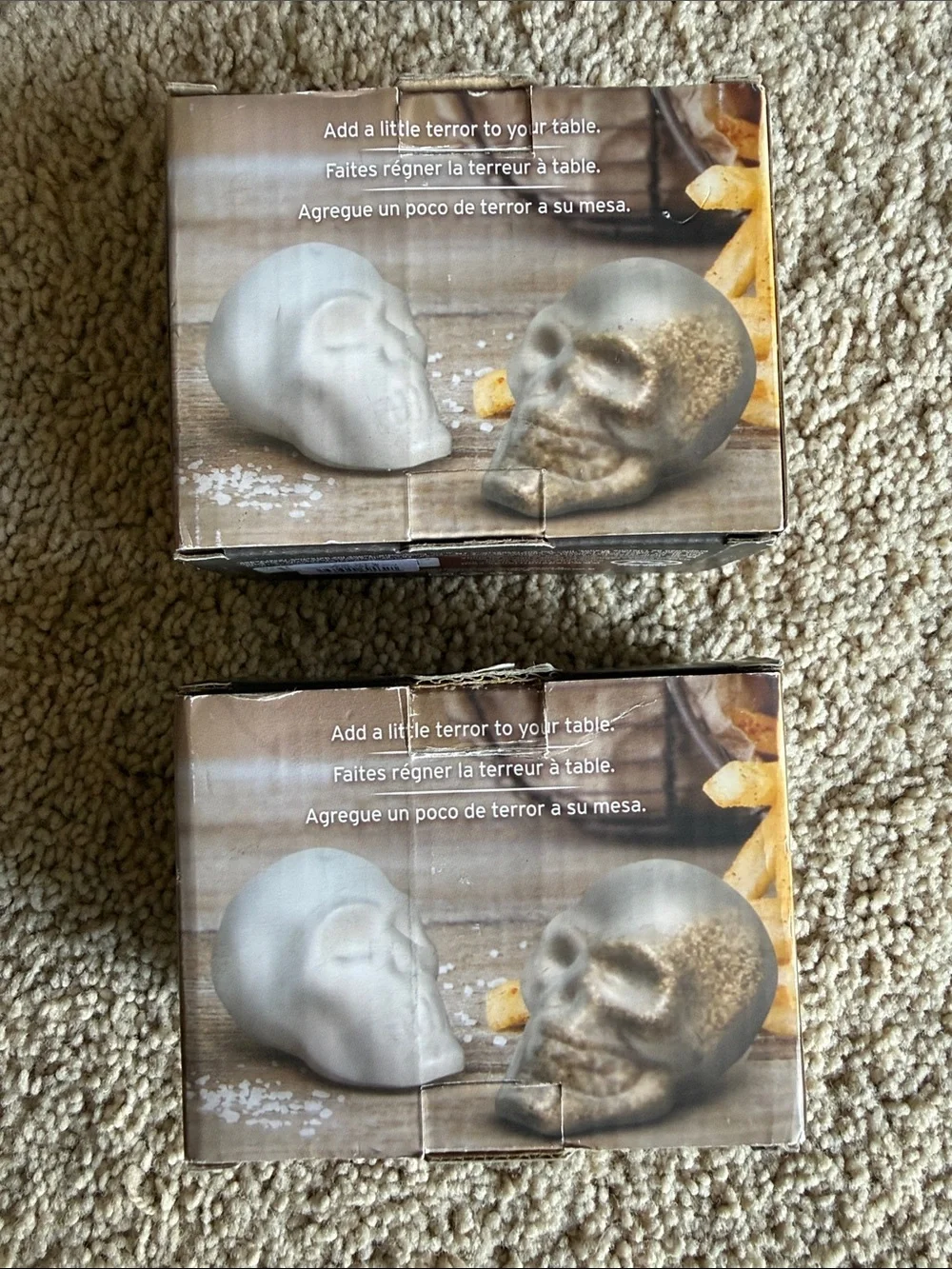 Fred DOOMED Skull Salt & Pepper Shakers — White Glass
